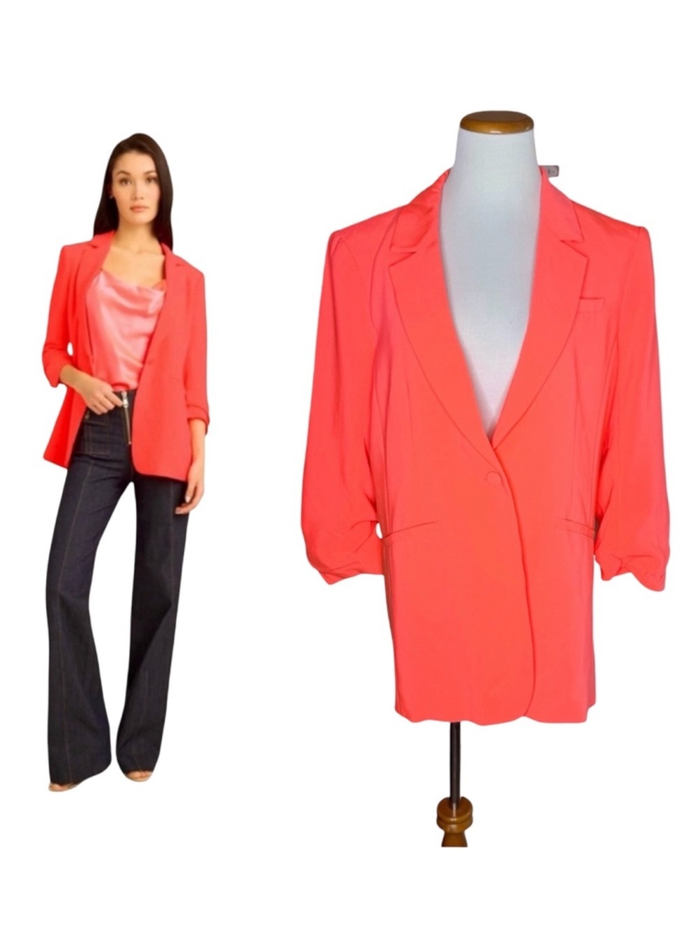 Cinq a Sept Khloe Crepe Blazer Size 12 Neon Coral Scrunched Sleeves Pop Of Color